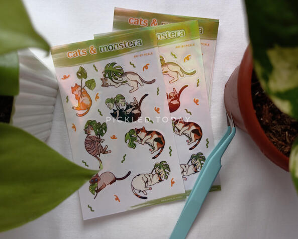 cats and monstera stickers
